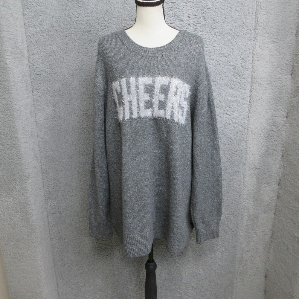 Terra & Sky Cheers Sweater Womens 2X Gray Graphic Glitter Knit Pullover Holiday